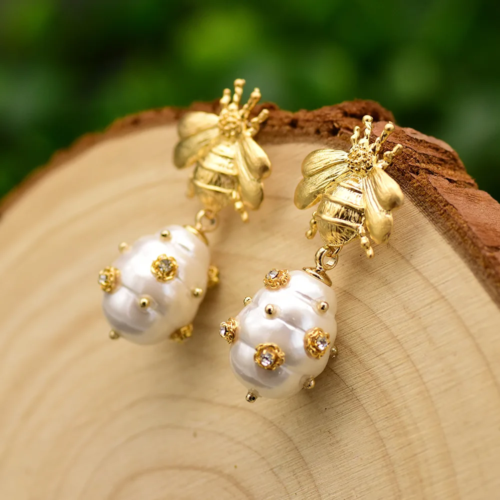 Neue Stil Süße Honigbiene Natürliche Süßwasser Perle 14K Gold Gefüllt Weibliche Quasten Stud Ohrringe Schmuck Frauen Weihnachten Geschenke – Detail 6