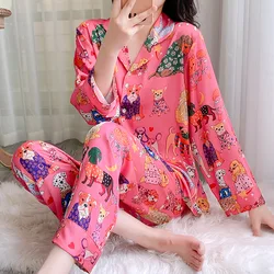 Female 2PCS Pajamas Set Long Sleeve Trouser Suits Sleepwear Pink Cartoon Nightwear Spring Summer Satin Pijamas Loose Home Wear