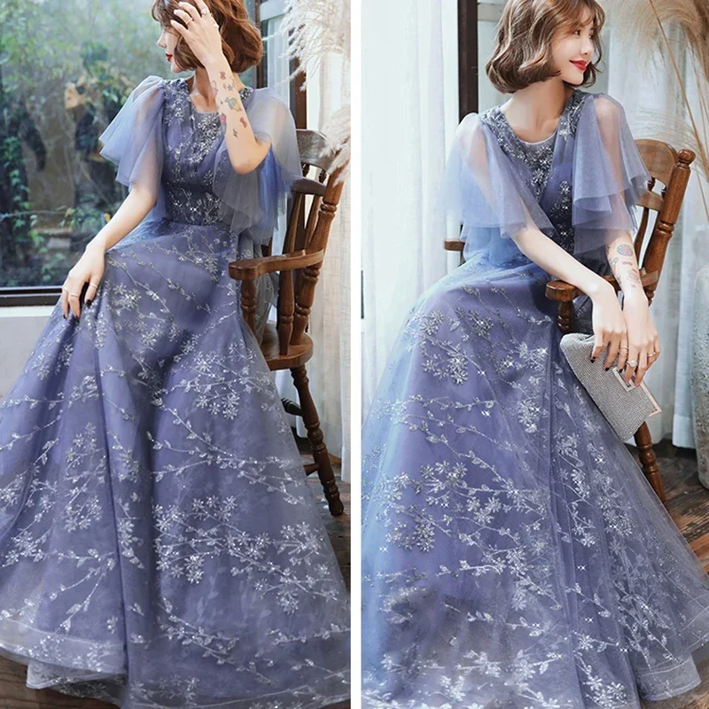 Vestidos de Noche de tul con lentejuelas y cuello redondo para mujer, manga corta, línea A plisada, longitud hasta el suelo, talla grande, vestido Formal de fiesta, azul, A105