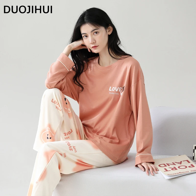 DUOJIHUI Fashion Print Loose Casual Home Pajamas Set Autumn New Simple Pullover Loose Pant Chic Pocket Sweet Female Pajamas Set