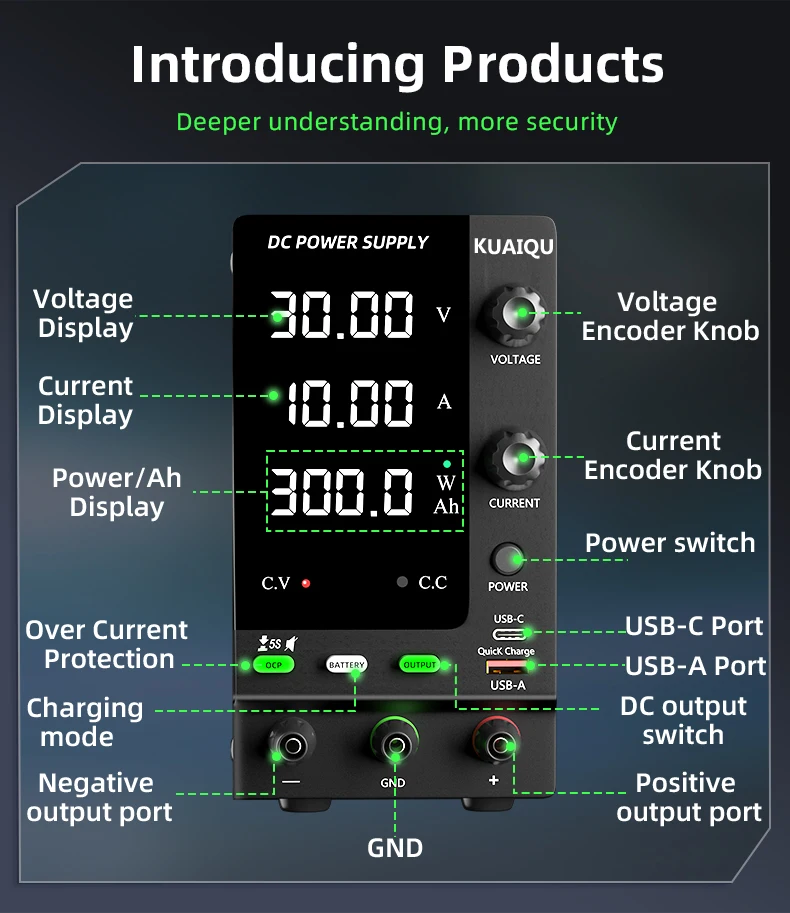 Fonte de alimentação DC ajustável KUAIQU 30V 10A, 12V 24V 48V 60V 120V Carregador de bateria universal inteligente, monitor Ah em tempo real