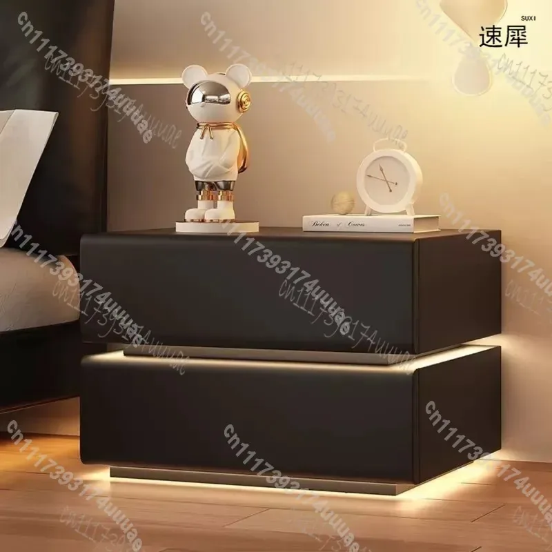 Modern Solid Wood Nightstand with 2 Drawers Faux Leather Bedside Table Sensor Light Bedroom Storage Cabinet Creative Design