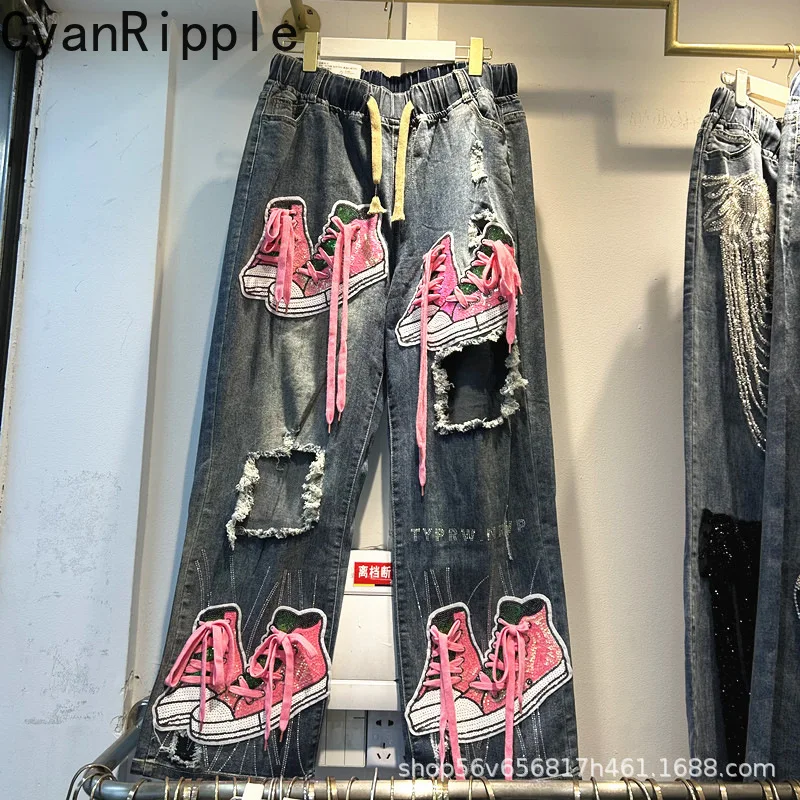 Trendy New Spring Summer All-match Wide Leg Women Denim Pants Vintage Sequins Embroidery Hole Elastic Waist Loose Straight Jeans