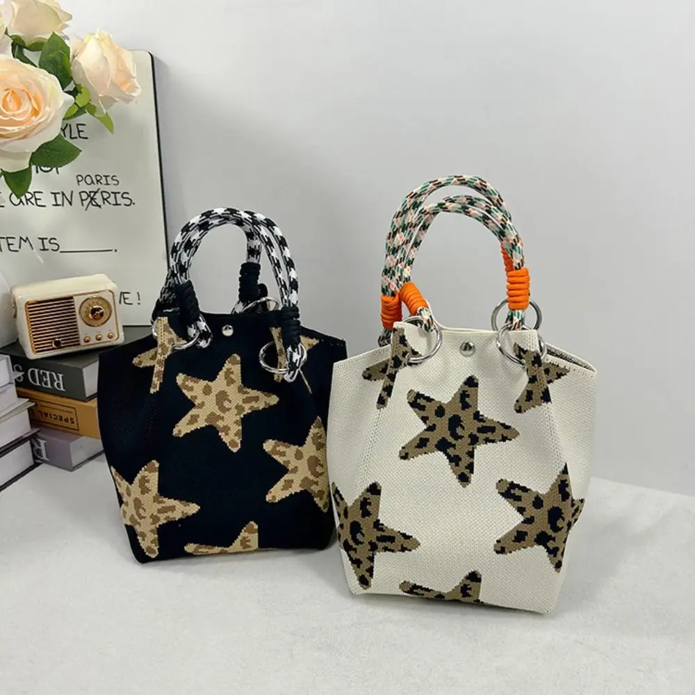 

Fashion Red Knitted Bucket Bag Handmade Star Shoulder Bag Large Capacity Woven Ring Buckle Handbag for Women Girls