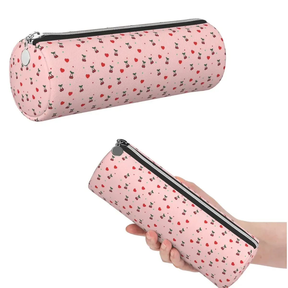Cherry Heart Design Pattern With Pink Background Pencil Case for Studen Gifts Cylinder Pen Box Pencil Bag Pencil Pouch
