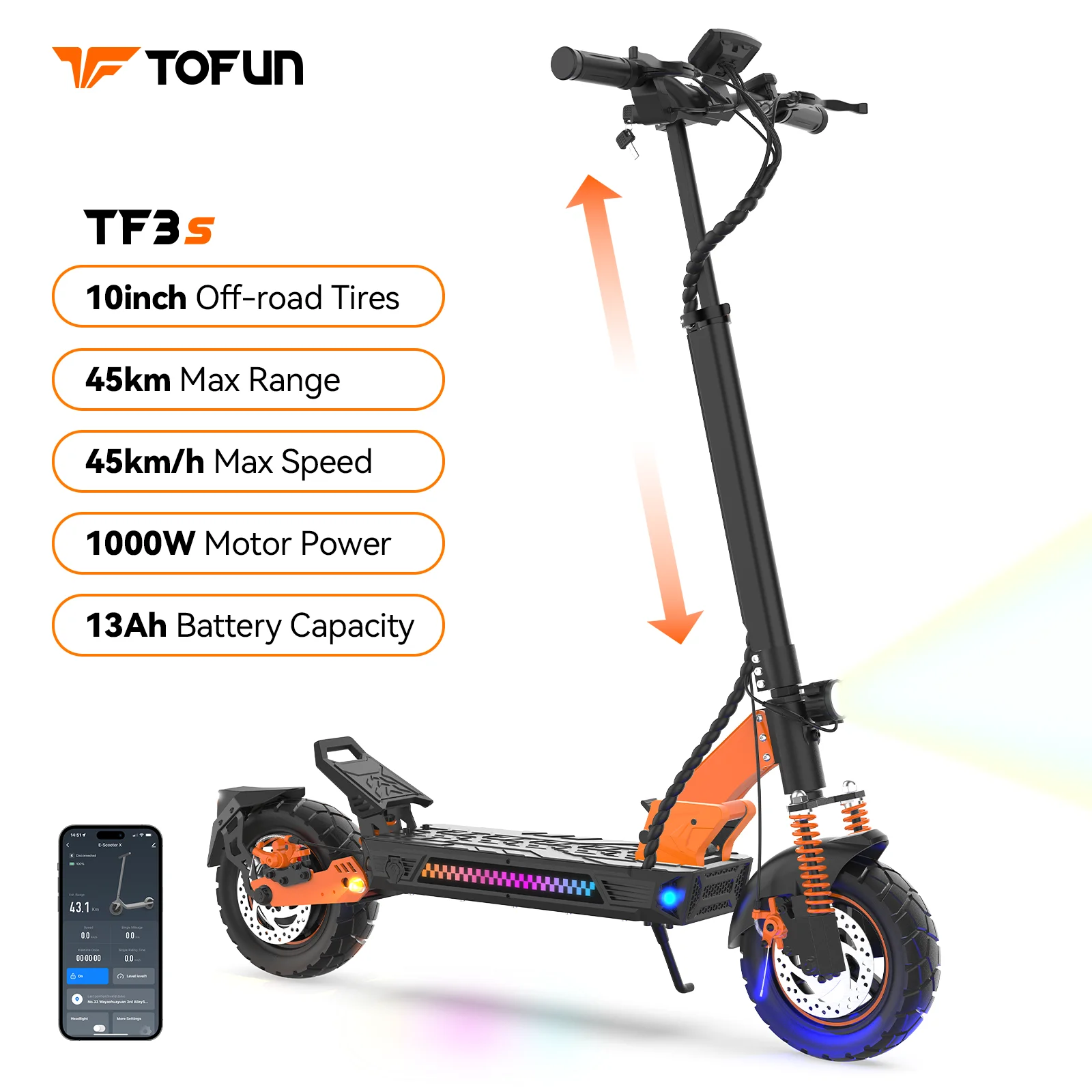 

Электросамокат TOFUN TF3S 1000W с приложением, максимальная скорость 28 миль/ч, запас хода 35-45 км, 48V13Ah, шины 10 дюймов, 4 режима, складной.