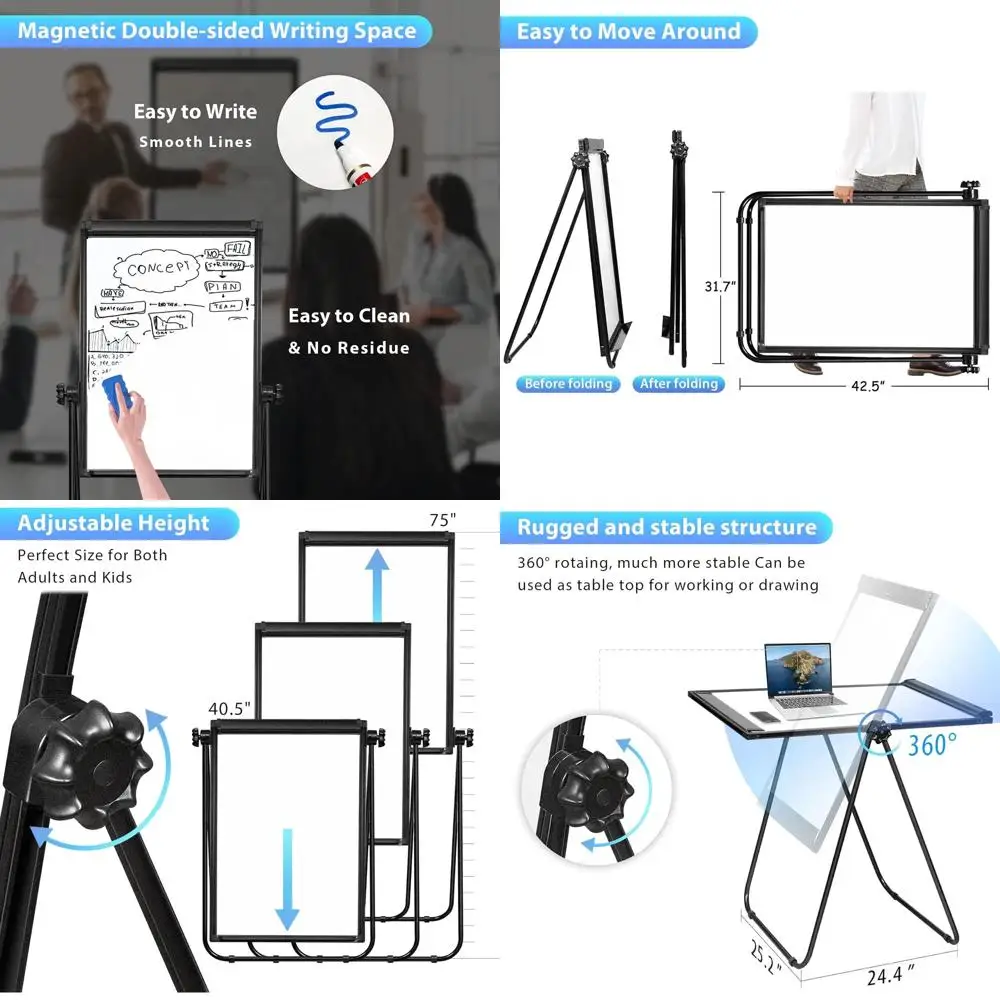 لوح مسح جاف مغناطيسي مزدوج الجوانب، حامل رسم بياني محمول مقاس 40 × 28، مثالي للاستخدام في المكتب في المنزل والفصول الدراسية #1