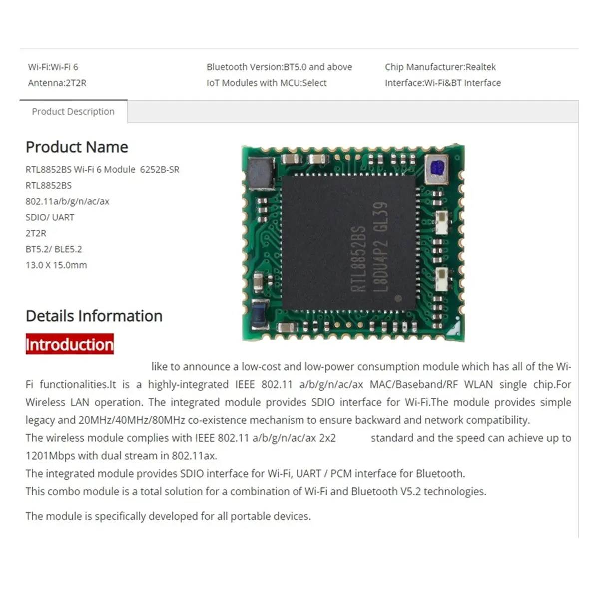 update. RTL8852BS Wi-Fi 6 Bluetooth 5.2 Combo Module 2T2R SDIO 6252B-SR High-Speed Dual Band Wireless Network Card