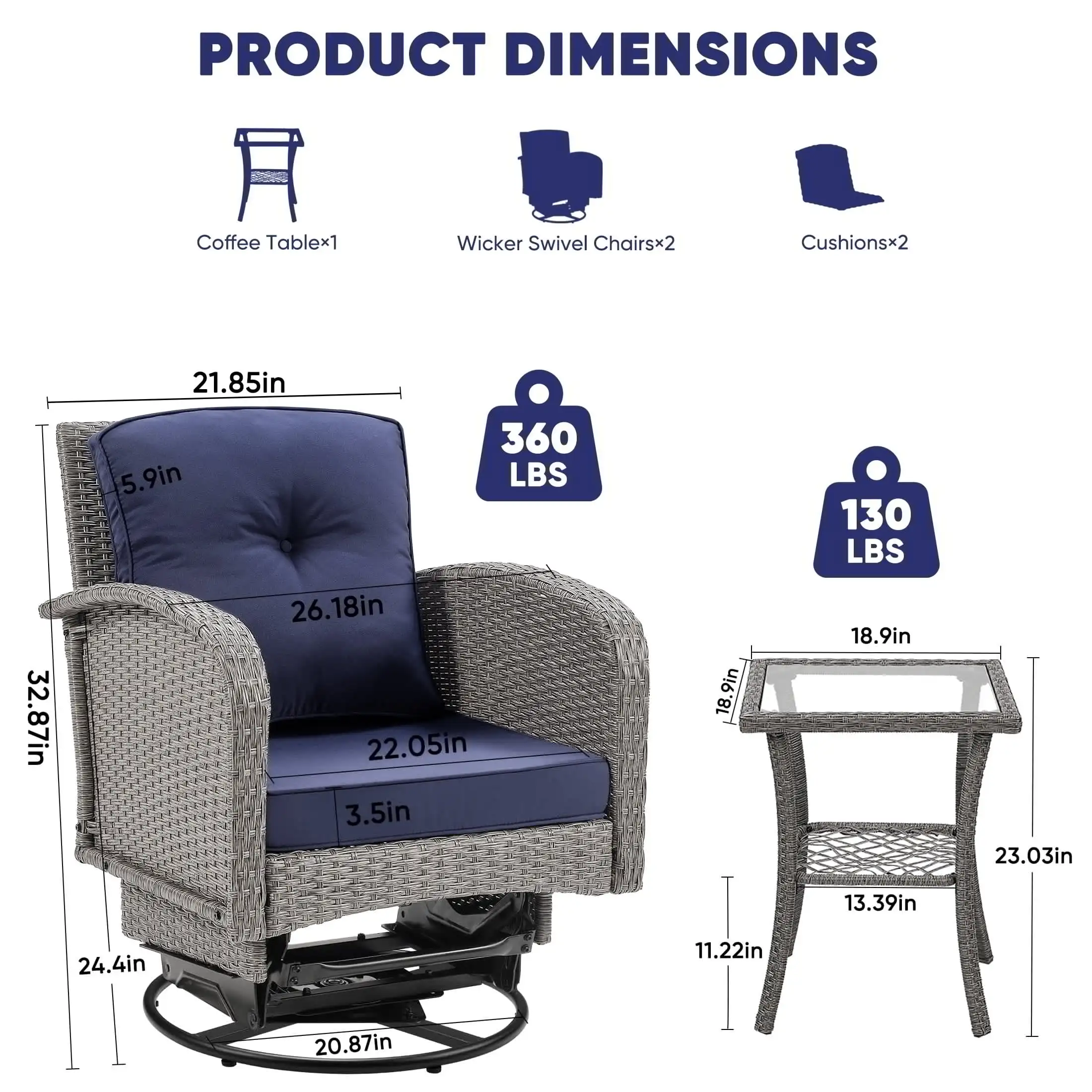 3 Piece Outdoor Bistro Swivel Chairs Set, Patio Bistro Set w/ 360° Swivel Rocking Chairs & Table, All-Weather Conversation Set