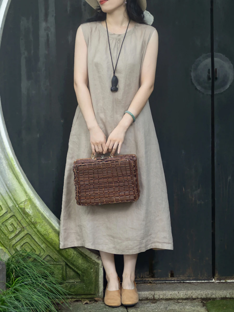 Elegant Pure Color Han Han Linen Sleeveless Long round Neck Vest Dress Women's  Design Sense Casual Comfortable Summer D...