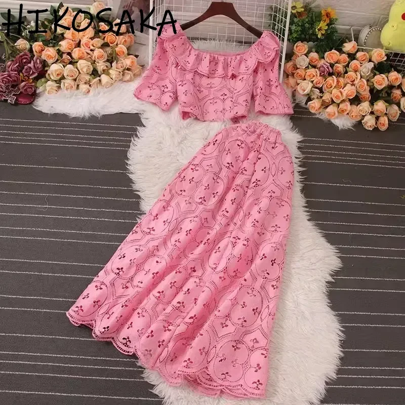 Sweet Crop Top And High Waist Long Skirt Two Piece Set Women High Quality Vintage Hook Flower Hollow Lace Skirt Suits New Summer