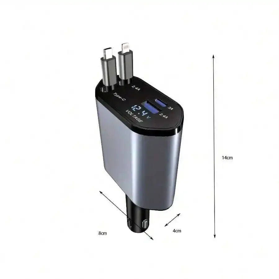 

120W Compact 4-Port Car Charger Featuring Retractable USB-C & Lightning Cables, Fast Charging For All Devices, 14Cm Size