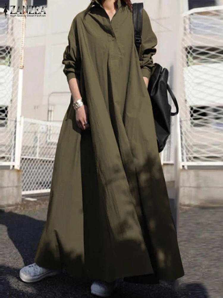ZANZEA 2025 Fashion Autumn Sundress Women Long Shirt Dress Causal Long Sleeve Maxi Vestidos Holiday Dresses Oversize Robe Femme