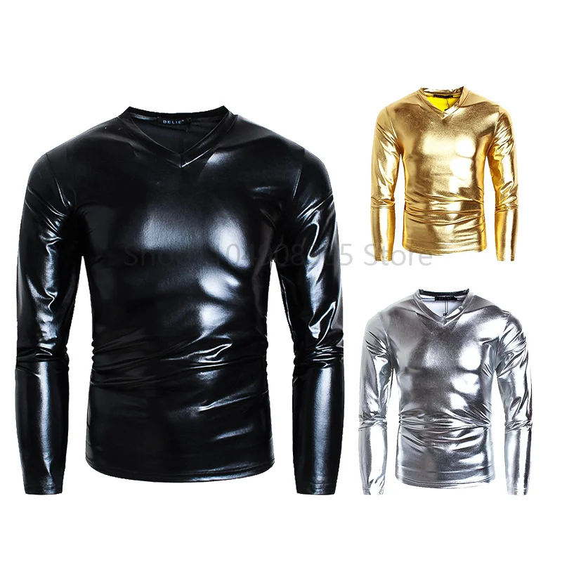 

T-shirt Solid Color Glossy Appearance Long Sleeve Top V Neck Slim Fit T-shirt Nightclub Party Performance Costumes for Men