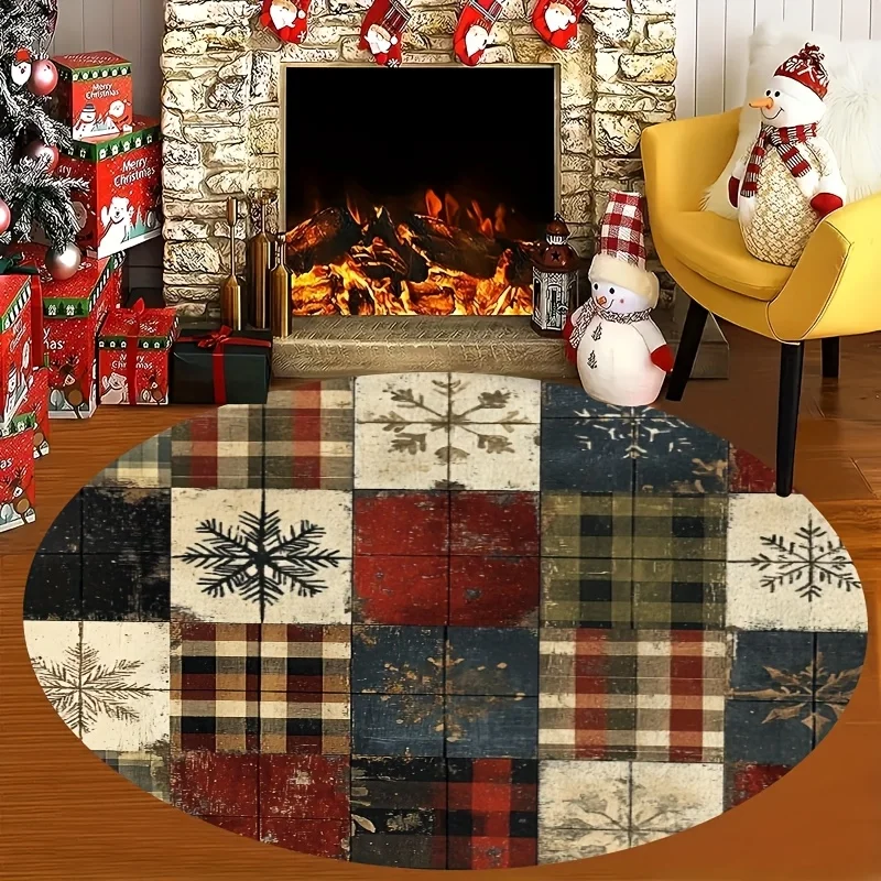 Christmas Round Floor Mat 3D Tunnel Effect Xmas House Tree Gift Design Soft Area Rug Home Decor for Christmas Holiday Gathering