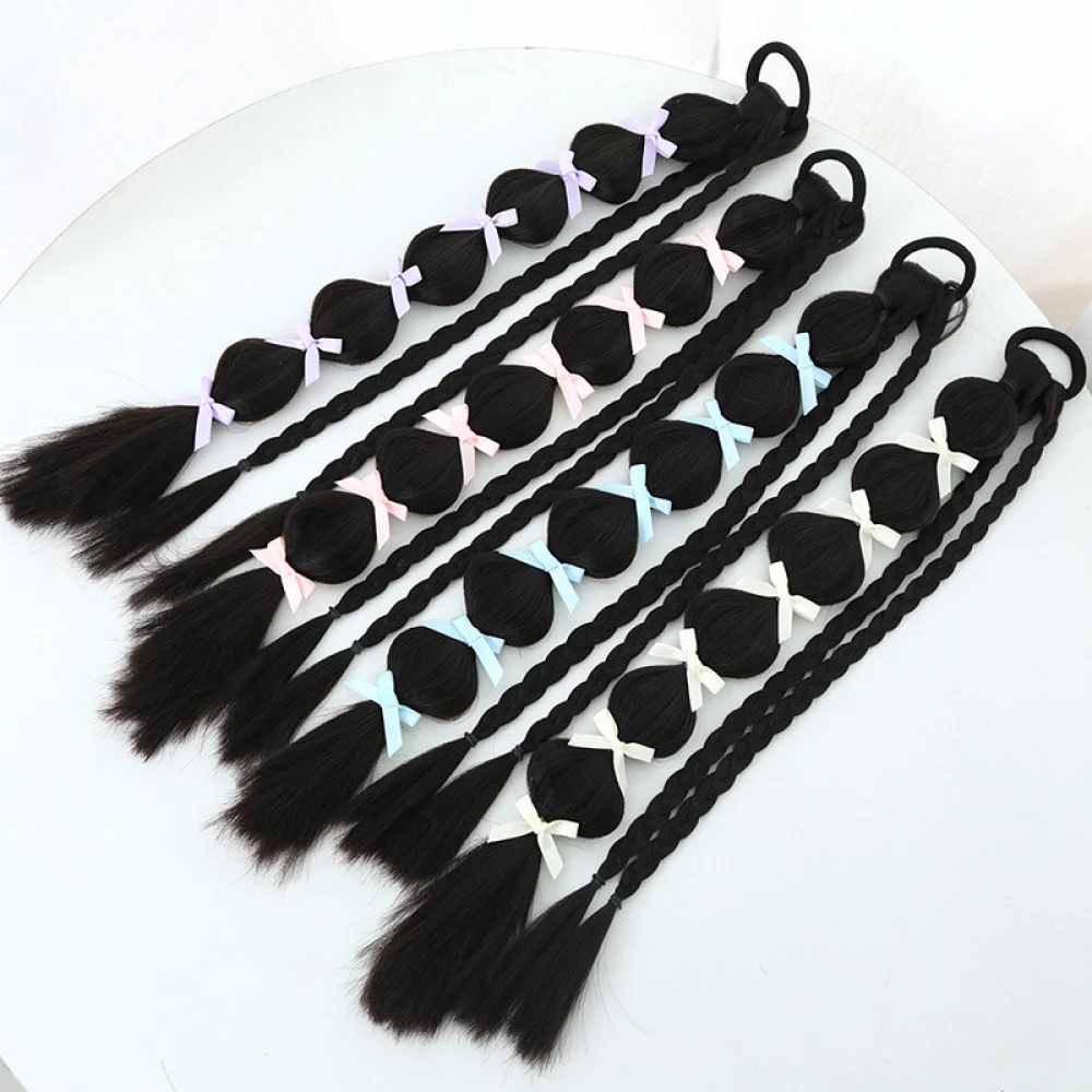 Synthetic Bubble Braid Ponytail Hair Extension With Ribbon Decoration Heat Resistant Fiber Wig Piece Easy Hair Styling