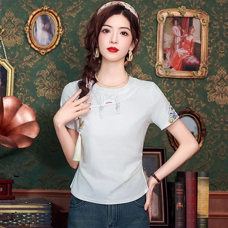 Summer Short Sleeve White Blouse Women Tops Fashion Embroidery O-Neck Women Blouse Shirt Blusas Mujer De Moda 2024 Verano H598