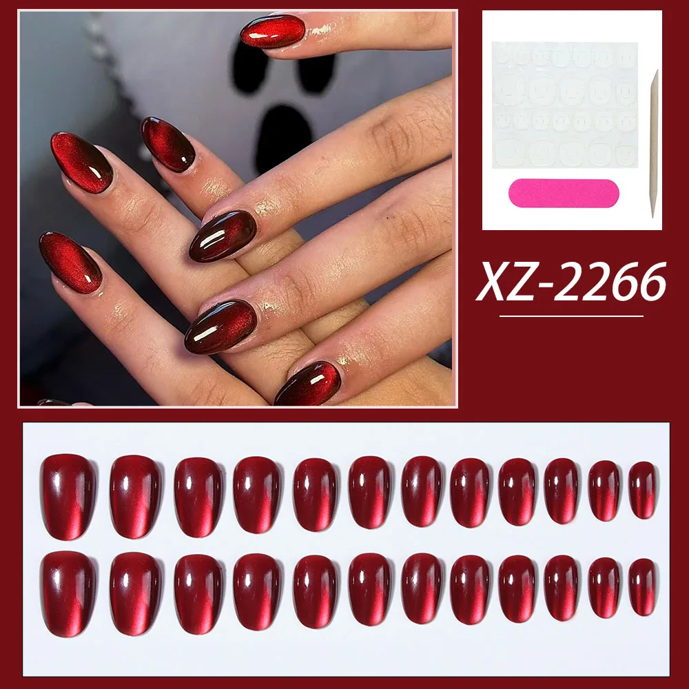 24pcs short oval fake nails, flash ruby cat eye fake nails, removable white ins fake nails, full cover fake nails, press fake na