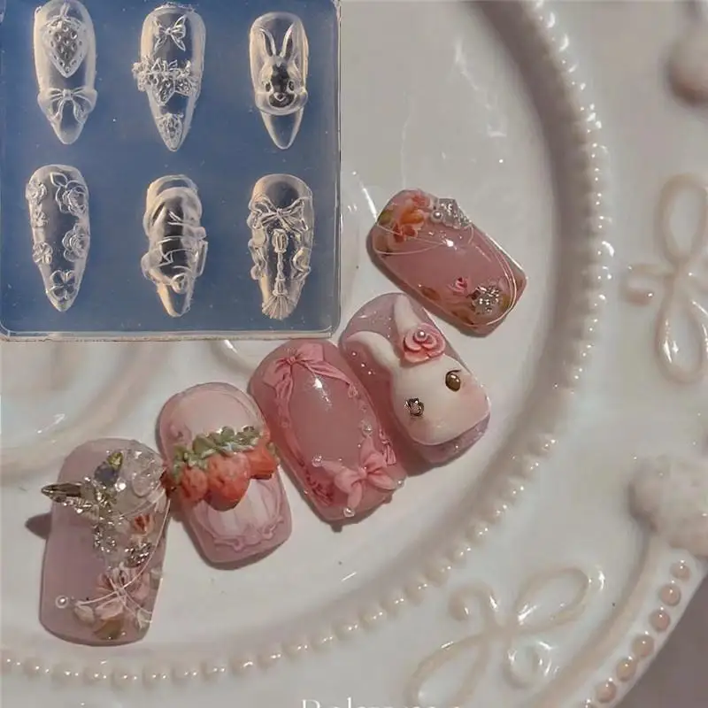 1Pcs Lace Bow Strawberry 3D Silicone Mold DIY Nail Art Decor Cartoon Rabbit Flower Transparent Mold Manicure Design Tool