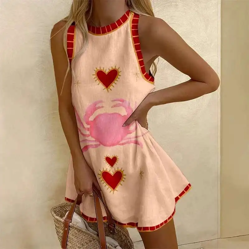 Zomer O-hals losse tank elegante vakantie Boheemse mini-jurken modepatroon bedrukte mouwloze damesjurk vestidos