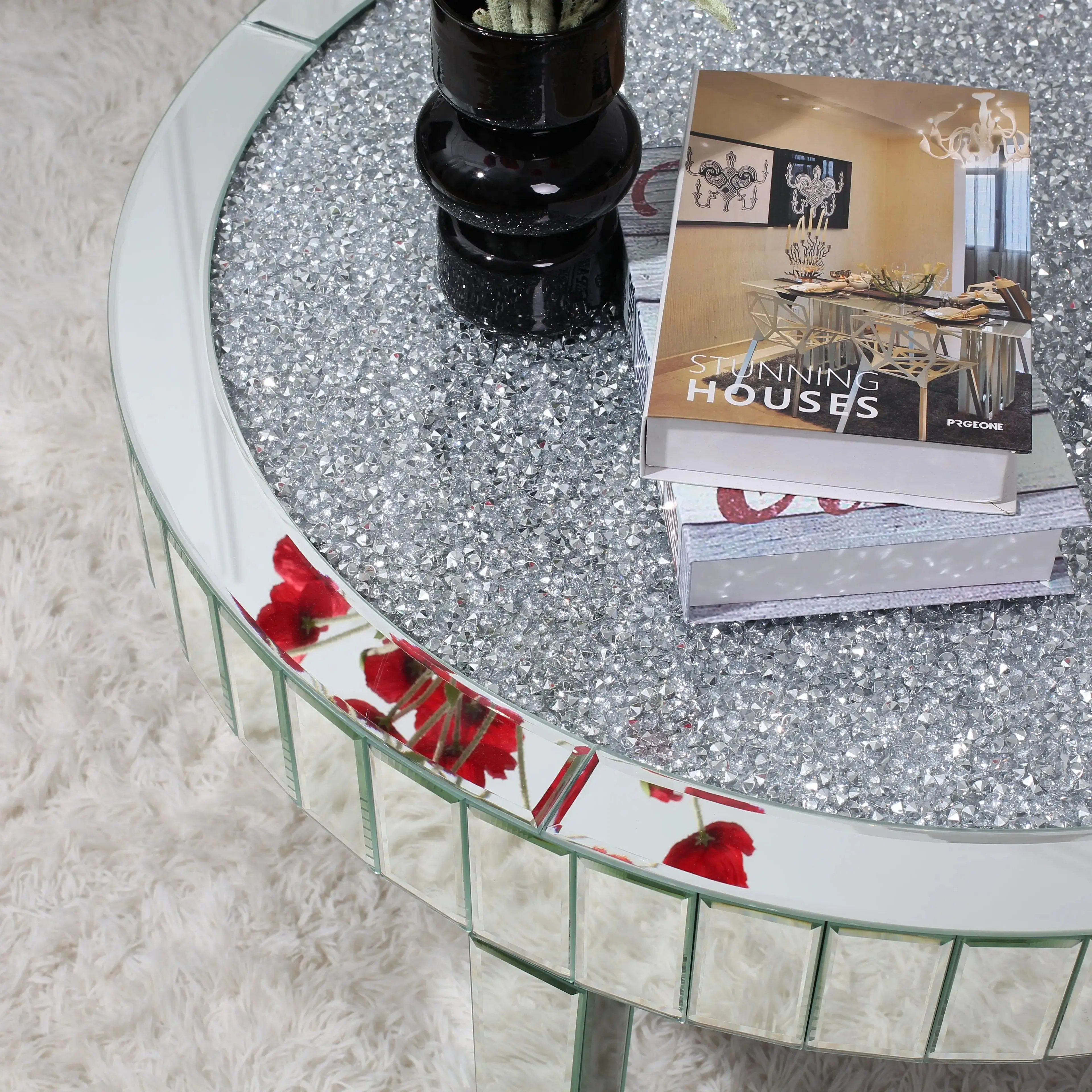 Mirrored Coffee Table with Crystal Inlay, 31.5'' Modern Round Coffee Table with Mirror Surface, Silver Accent Table