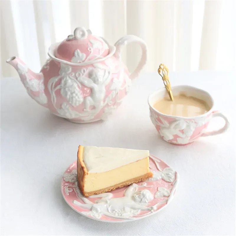 Garden of Eden French angel European court ceramic coffee cup and saucer English afternoon tea red teacup.