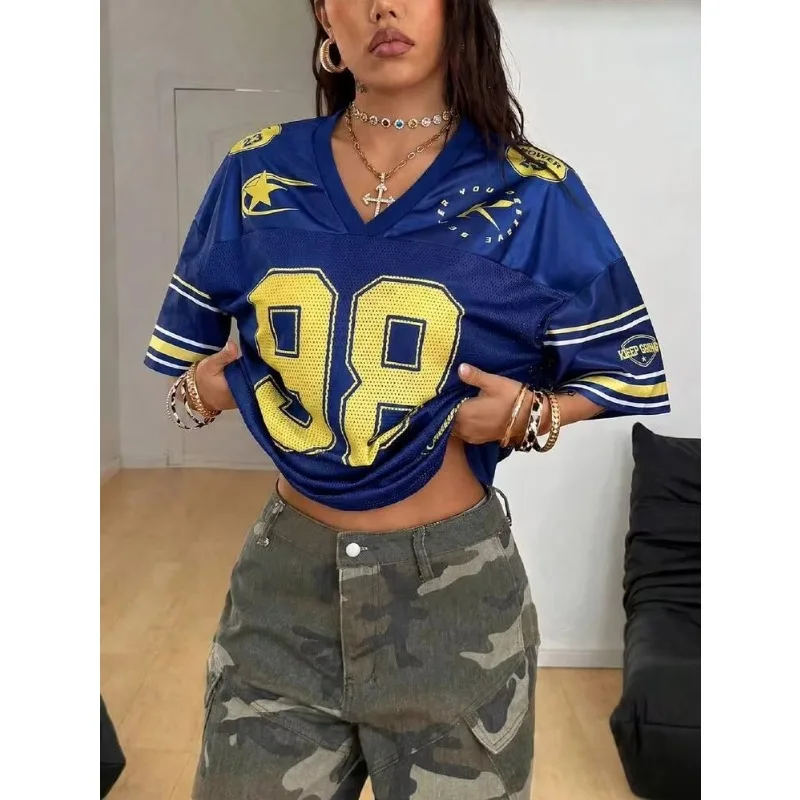 2026 Summer New American Sportswear Fashion V-neck T-shirt Man Woman Loose Quick-drying Casual Versatile Hip-hop Street Top