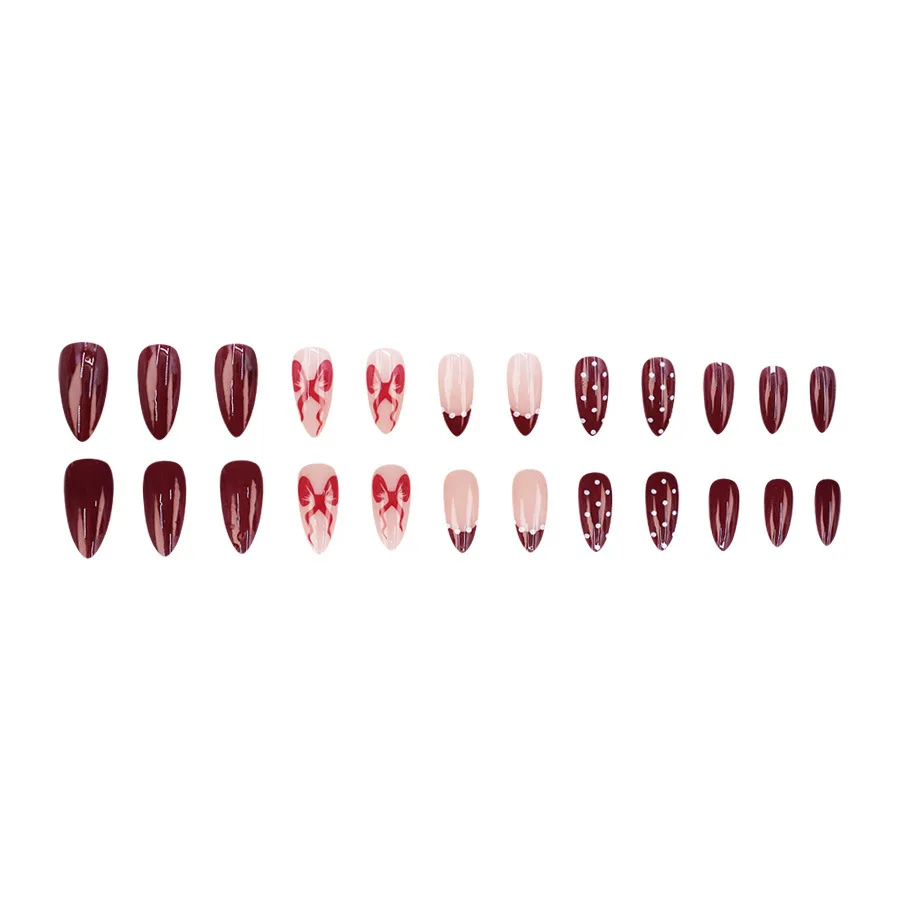 24개 프렌치 인조 손톱 (스티키 탭 포함) 아름다운 중간 길이 아몬드 모양 프레스온 네일 (참 장식 포함) 가을 겨울 리본 네일 팁