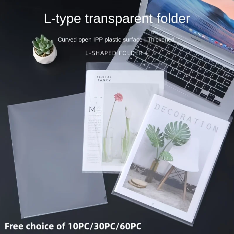 A4 Plastic File Folders - 60/30/10pcs, L-Shaped Transparent Document Protectors for Office Organization