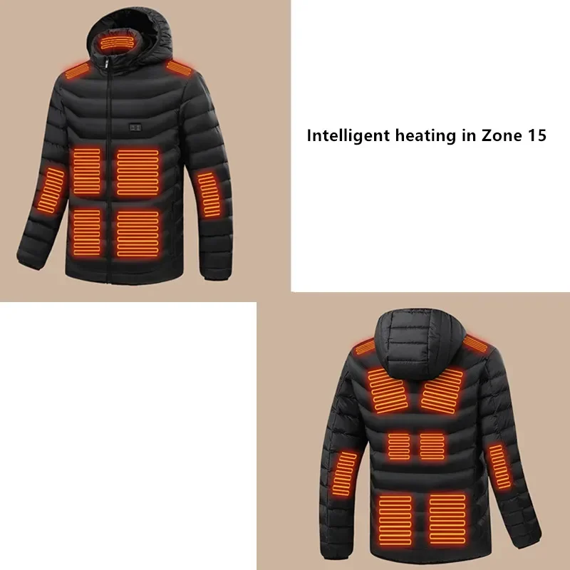 2025 Winter New Men 15 Zone Intelligent Heating Hooded Cotton Jacket Versatile Dual Control Heating Electric Warm Coat