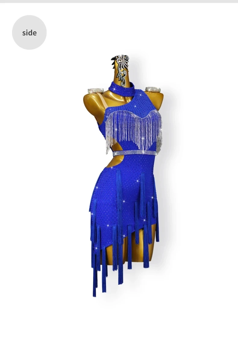 Blaues Latein-Tanzkleid, Damen-Trainingskleidung, Tanzbekleidung, sexy Rock, Ball-Wettkampfanzug, elegantes Partykostüm, Sportbekleidung. – Detail 8