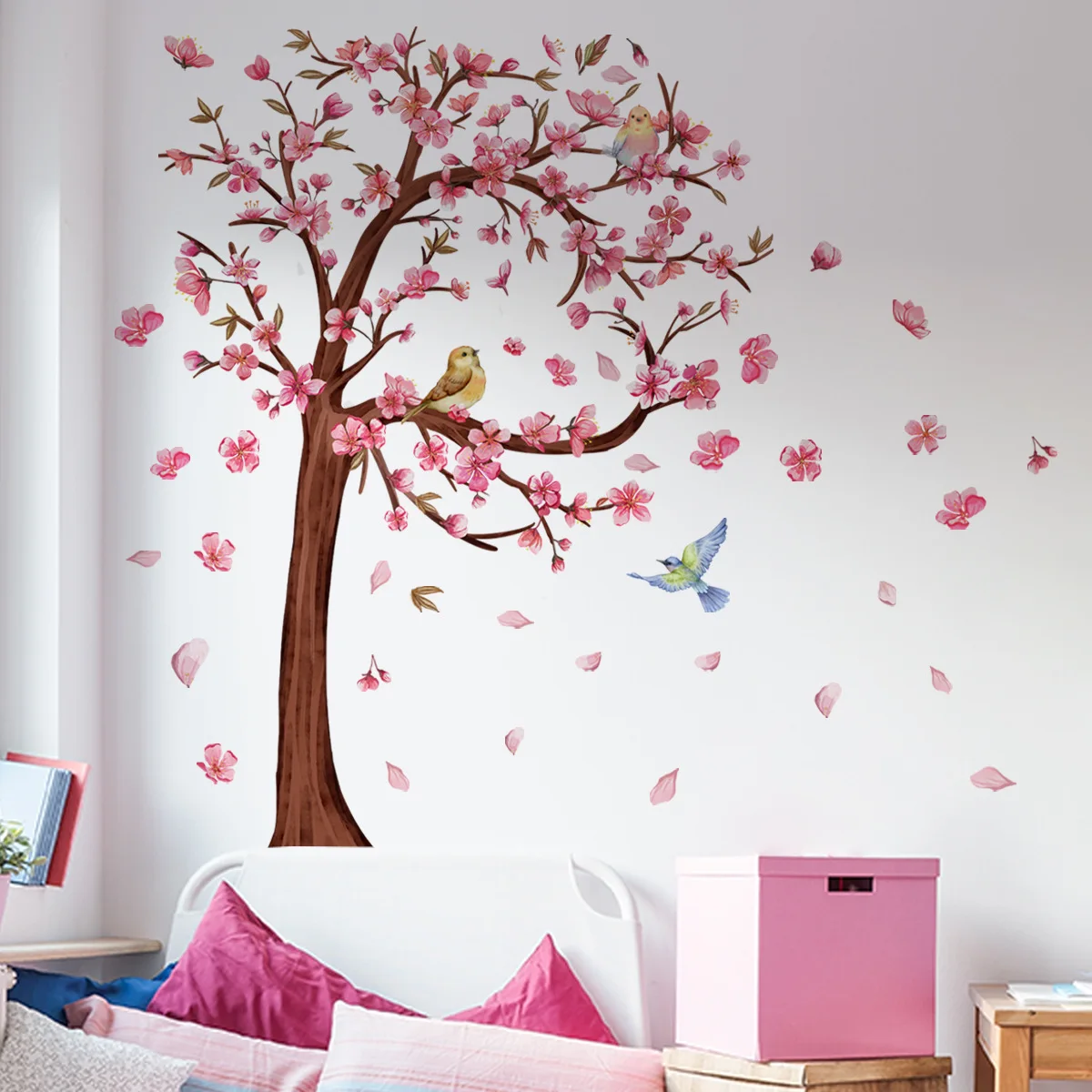 Pink Flower Tree Birds Wall Stickers Flower Home Decor Living Room Girls Bedroom Wall Decals Waterproof Self-adhesive Wallpaper