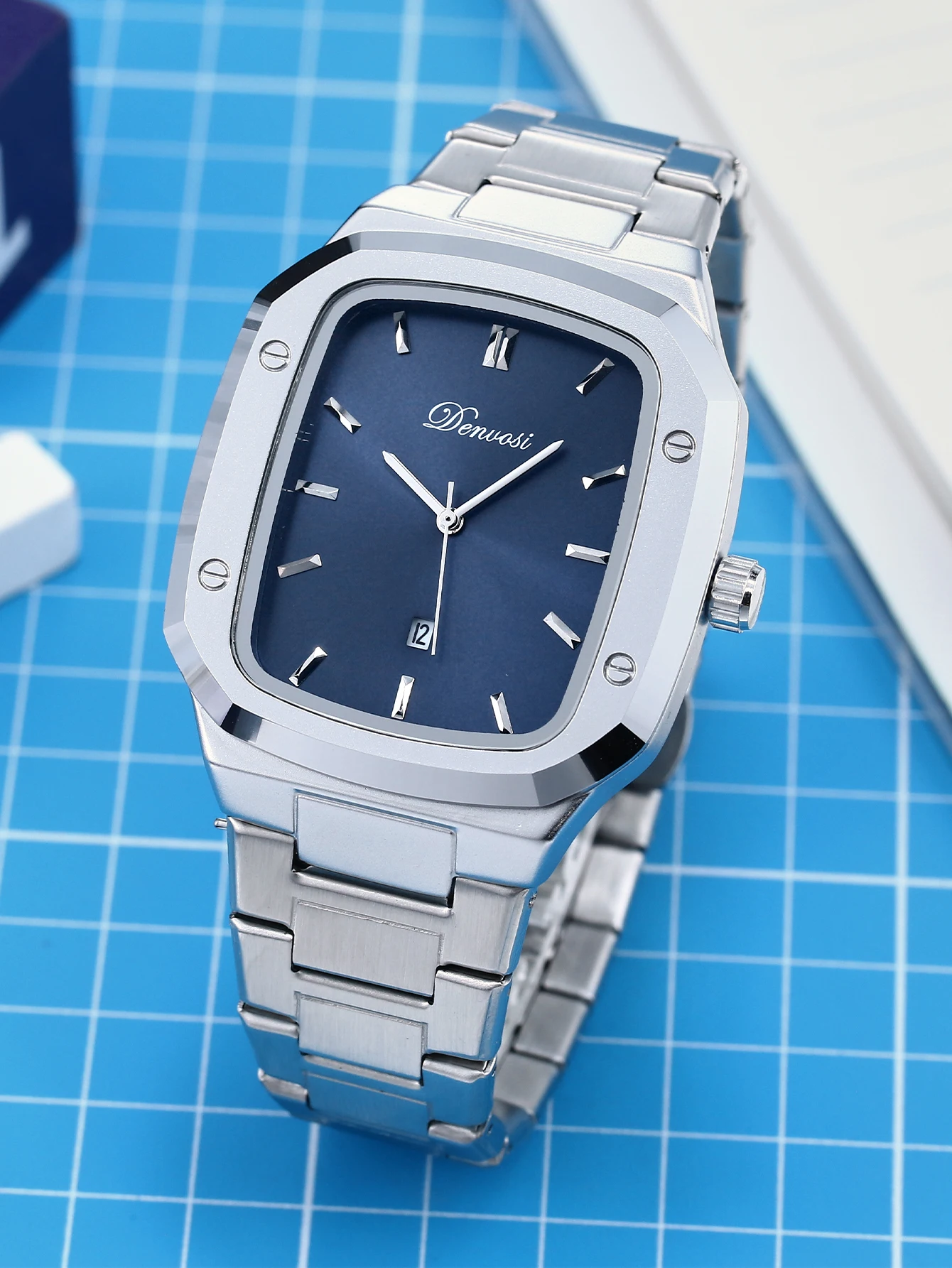 

1pc Square Men's Luxury Business Quartz Watch, Royal Oak Style, Stainless Steel Strap with Date Display