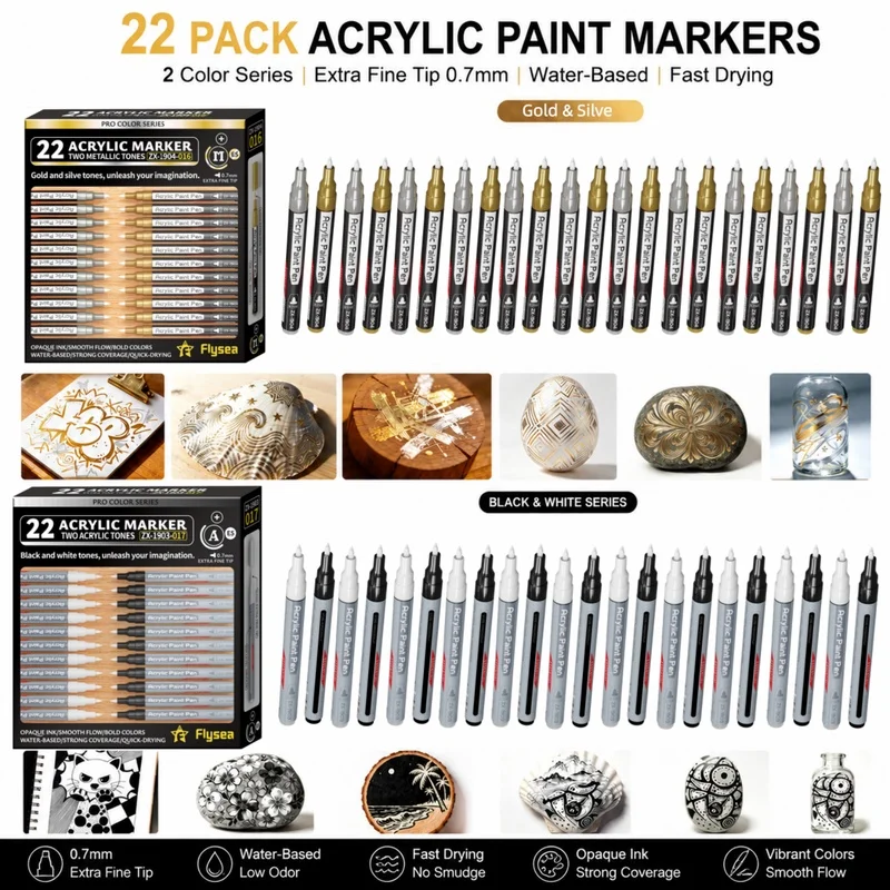 22 Pack Pro Acrylic Paint Markers, 0.7mm Fine Point Pens for Rock Painting, Ceramic, Glass, Wood, Fabric, Canvas and Scrapbook