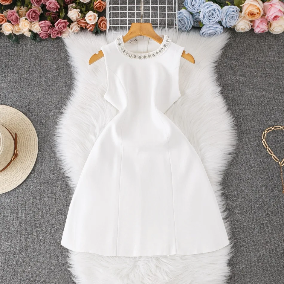 

White Mini Dress Women Dresses Party Night A Line Vestidos Round Neck Sleeveless Elegant Club Y2k Streetwear High Waist 2025