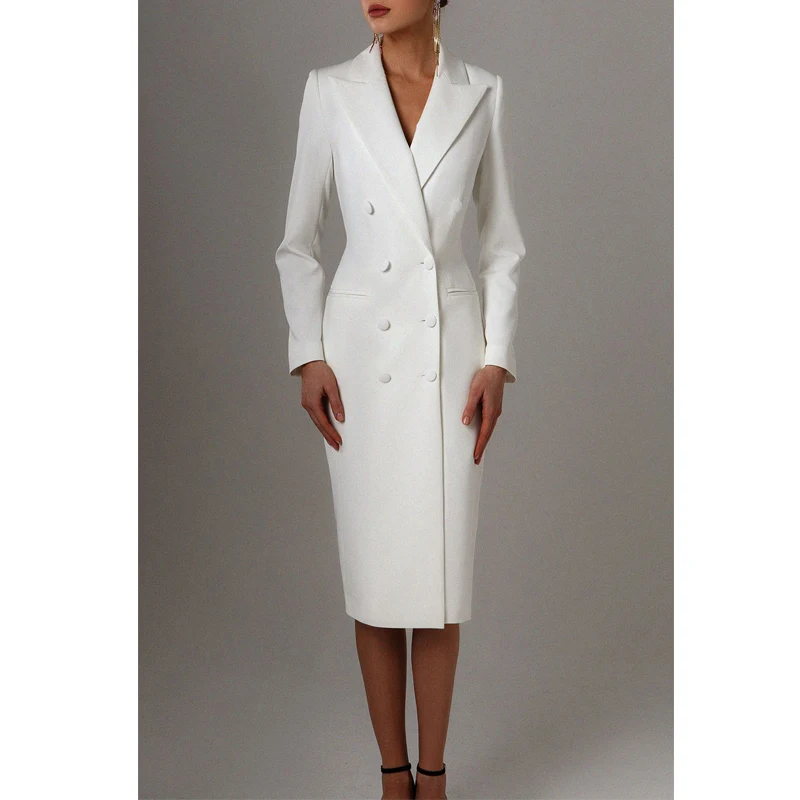 Blazer long imbibé pour femme, veste à double boutonnage, smoking blanc, vêtements à revers, fête