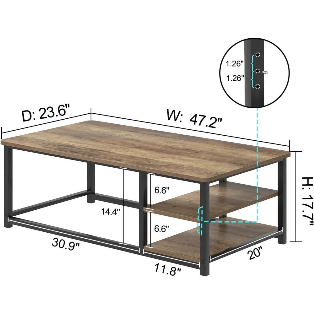 Coffee Table with Storage Shelf, Modern Wood and Metal Center Table for Living Room, Rustic Oak, 47 Inch