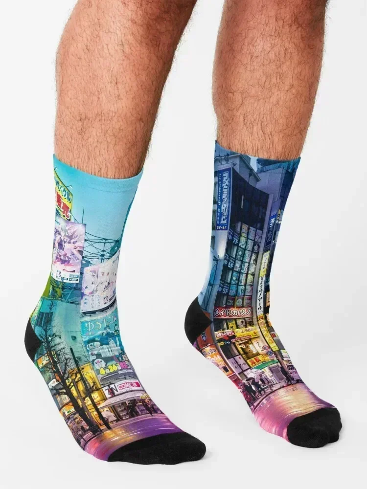 Anime Akihabara Neon Dream many colourful reflection on the wet streets Socks funny sock Stockings compression Man Socks Women's