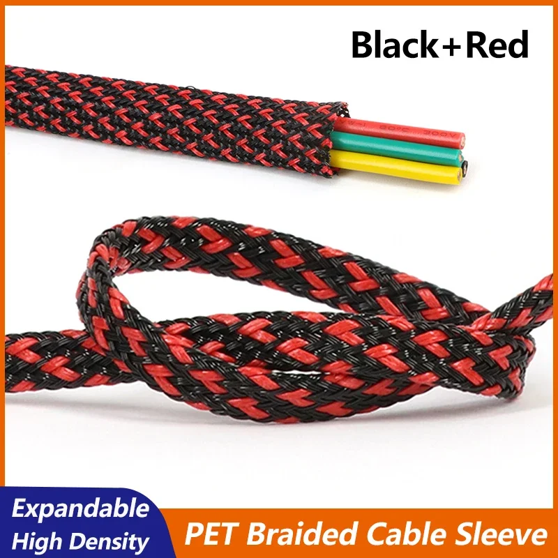 Black-Red PET Braided Cable Sleeve 2/4/6/8/10/12/14/16 ~ 50mm Expandable High Density Insulated Line Protection Wire Wrap Sheath