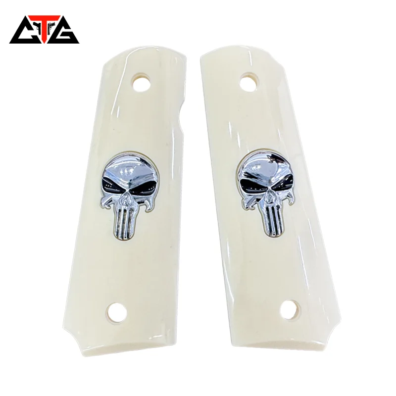 

CTG Colt Government Full Size 1911 Grips ivory white resin with silver skull Inlay