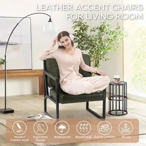 

Green Faux Leather Accent Armchair With Black Metal Frame For Living Room Or Bedroom