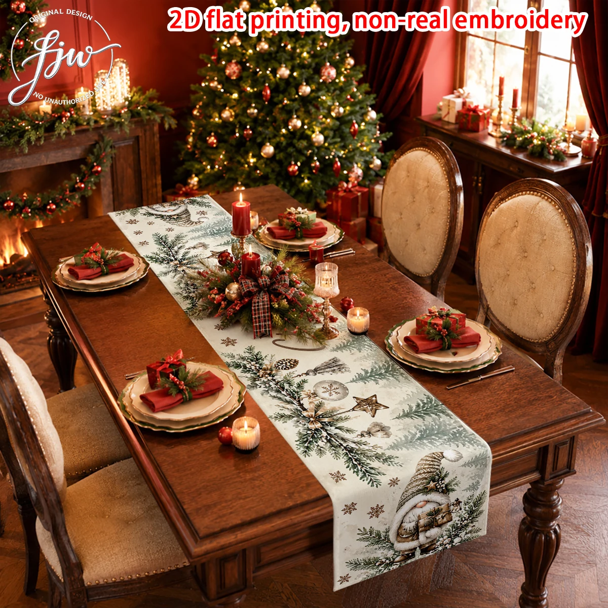 1pc Christmas Table Runner, Vintage 2D Flat Printed Winter Holiday Dining Table Decor for Home Kitchen Party