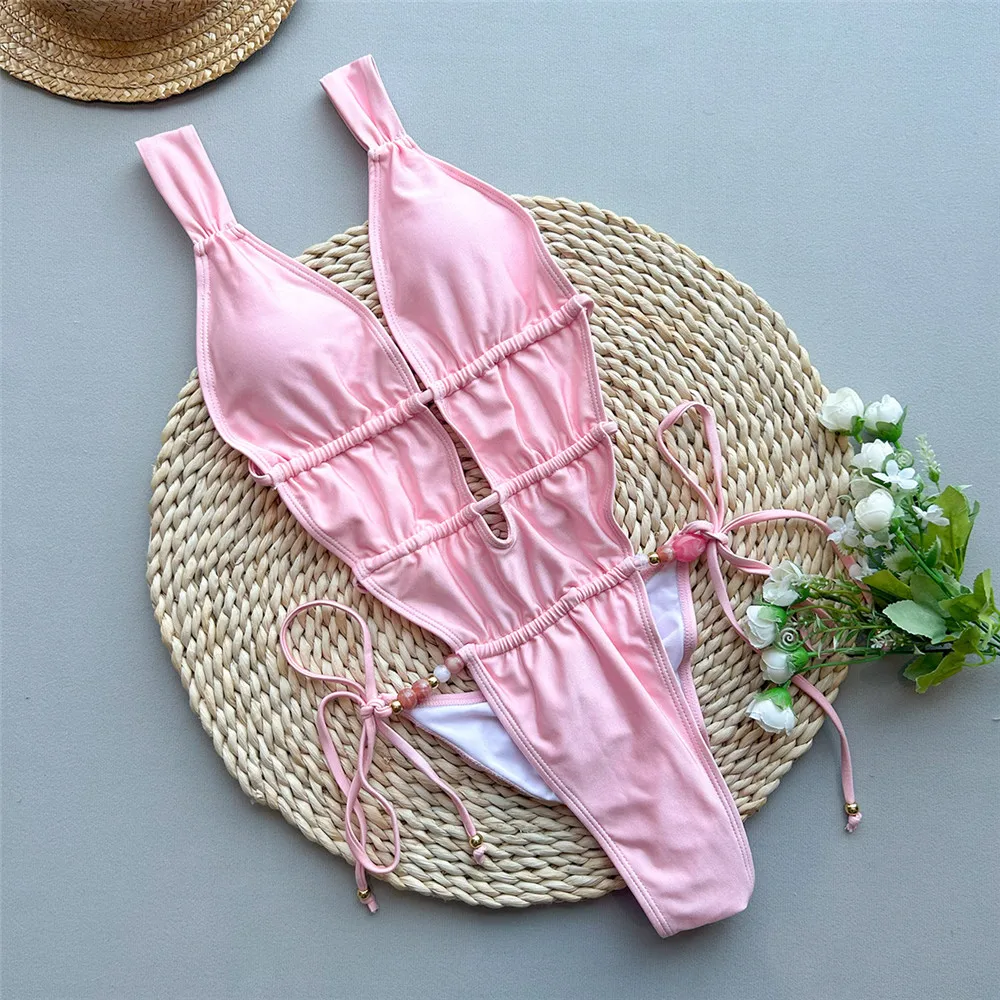 Sexy Pink Backless Swimwear One Piece Swimsuit Woman 2026 Summer String Lace-up Cross Swimming Wear Deep V Neck Bathing Suit