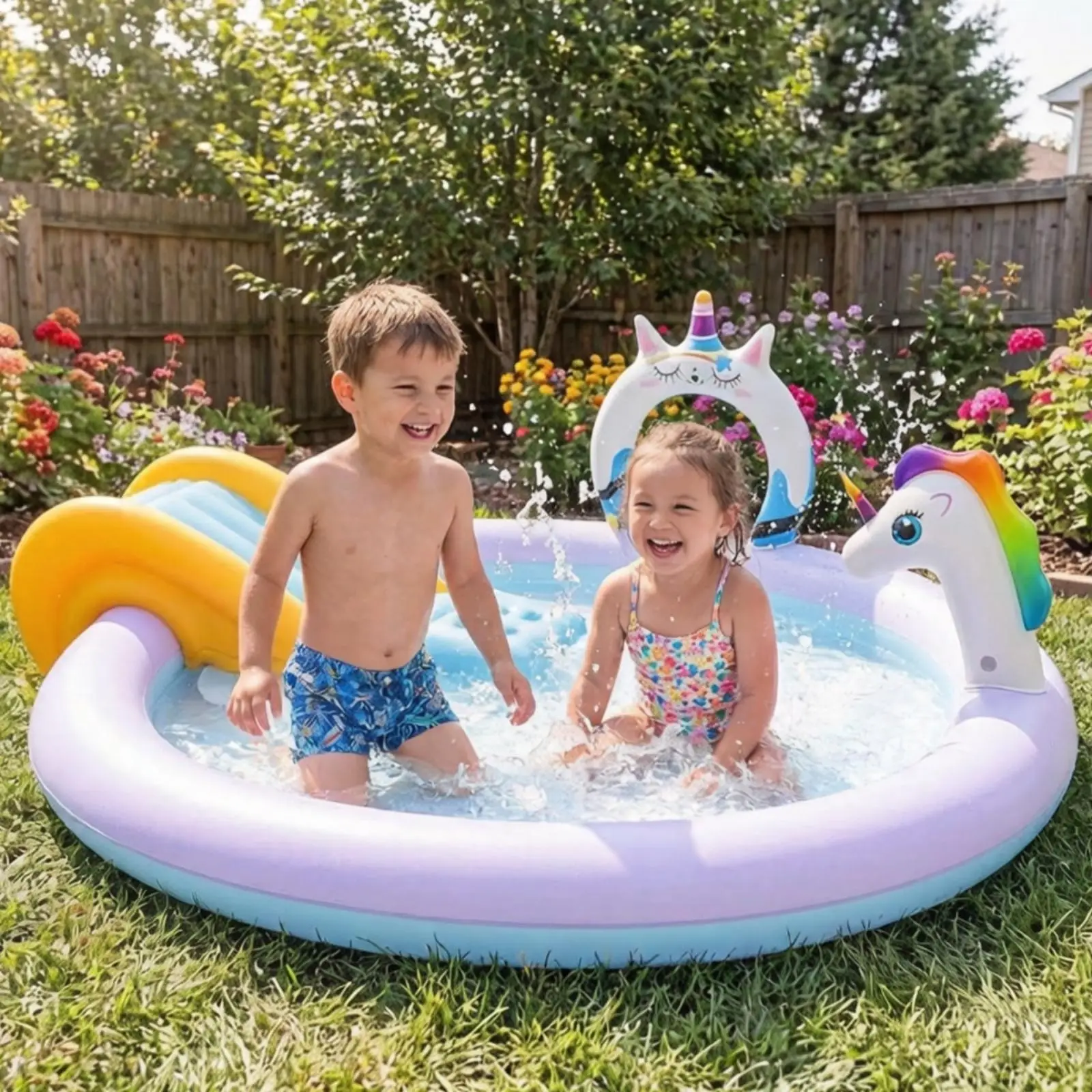 Inflatable Water Play Pool for Toddlers with Built in Shower Spray Heavy Gauge PVC Round Design for Indoor Outdoor Activity