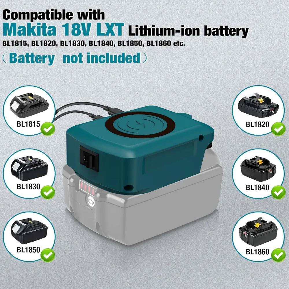 Wireless Phone Charger USB Adapter with Type-C Charges Port Portable Power Bank for Makita/Dewalt/Milwaukee 18V Li-ion Battery