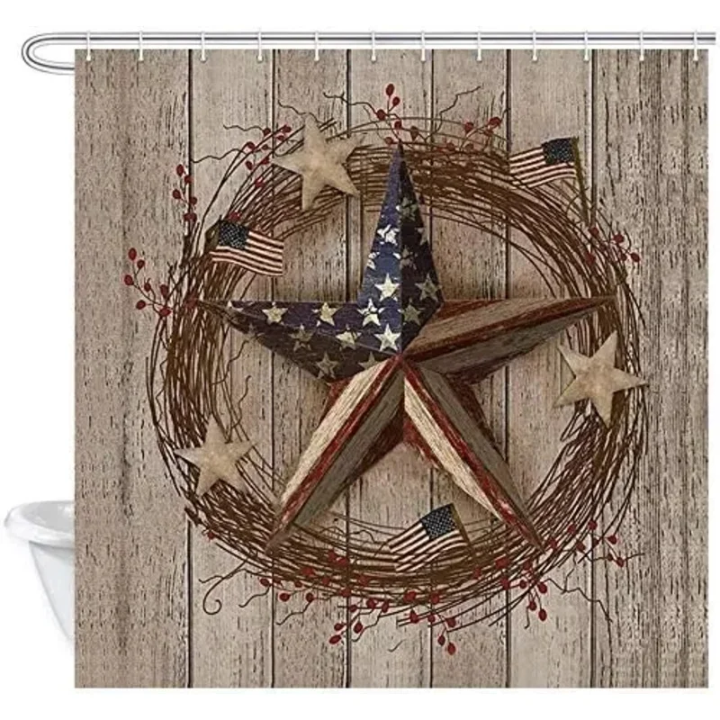 

FWM05Patriotic Barn Star On Country Wooden Board Bathroom Curtains Americana Decor Bathroom Accessories6Hn$