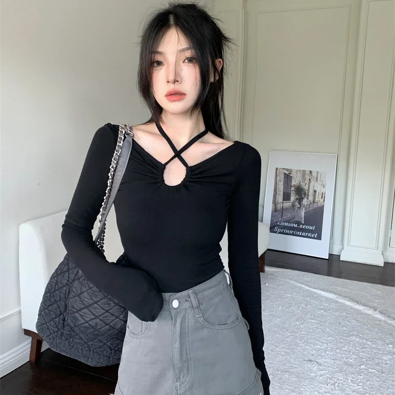 Autumn Korean Fashion Y2K T-shirt Woman Japanese halter Bandage V-neck Sexy Skinny Long Sleeve Autum Tee Shirt Tshirt Women Tops