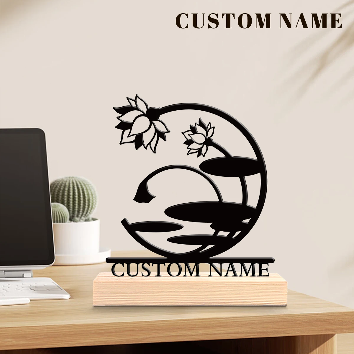 1pc Metal Desktop Decoration Customizable Content Equipped with Wooden Base Housewarming Gift,Metal Ornament Decoration