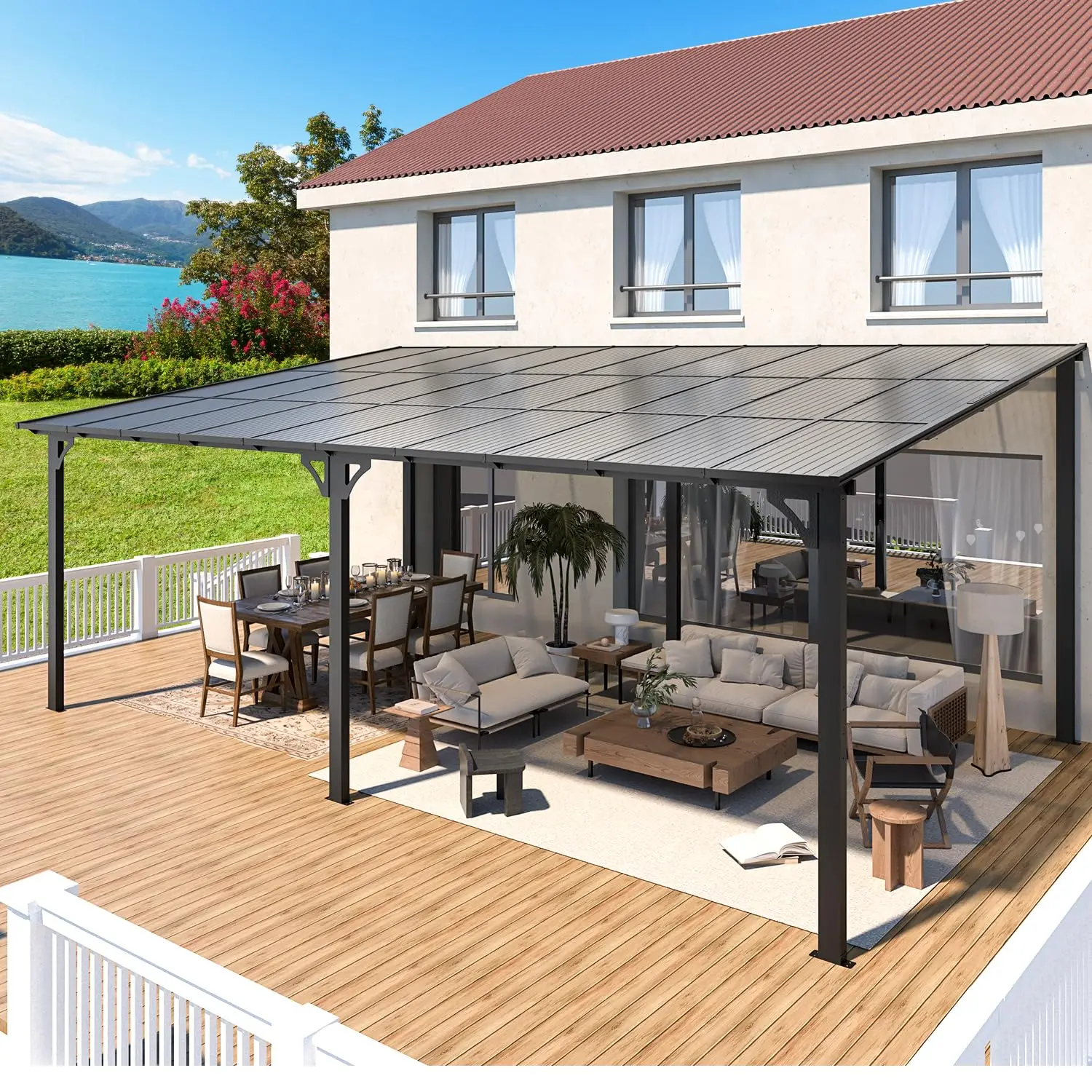 

High Quality Aluminum Permanent Hardtop Gazebo, Large Wall Mounted Lean To Pergola, Waterproof Outdoor Sun Shade Curtain