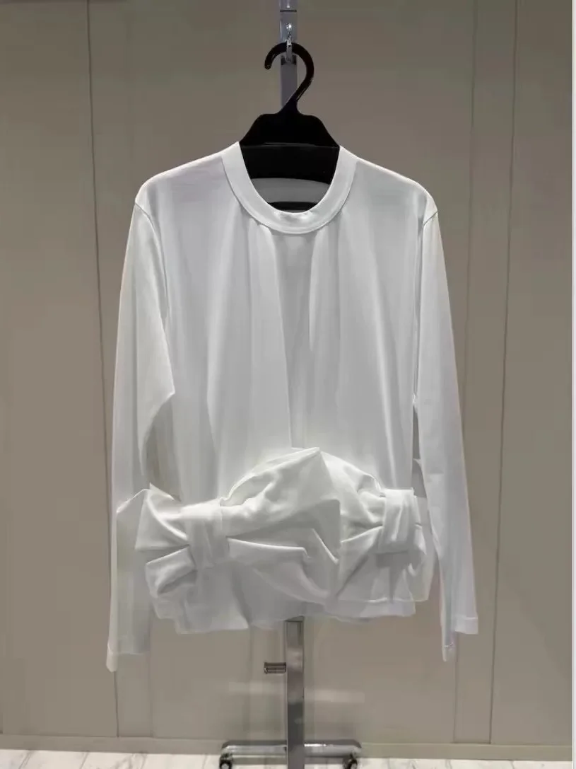 Japanese Design Bow Waist Long-sleeved Top Round Neck Temperament Solid Color Bottoming Shirt Graphic T Shirts